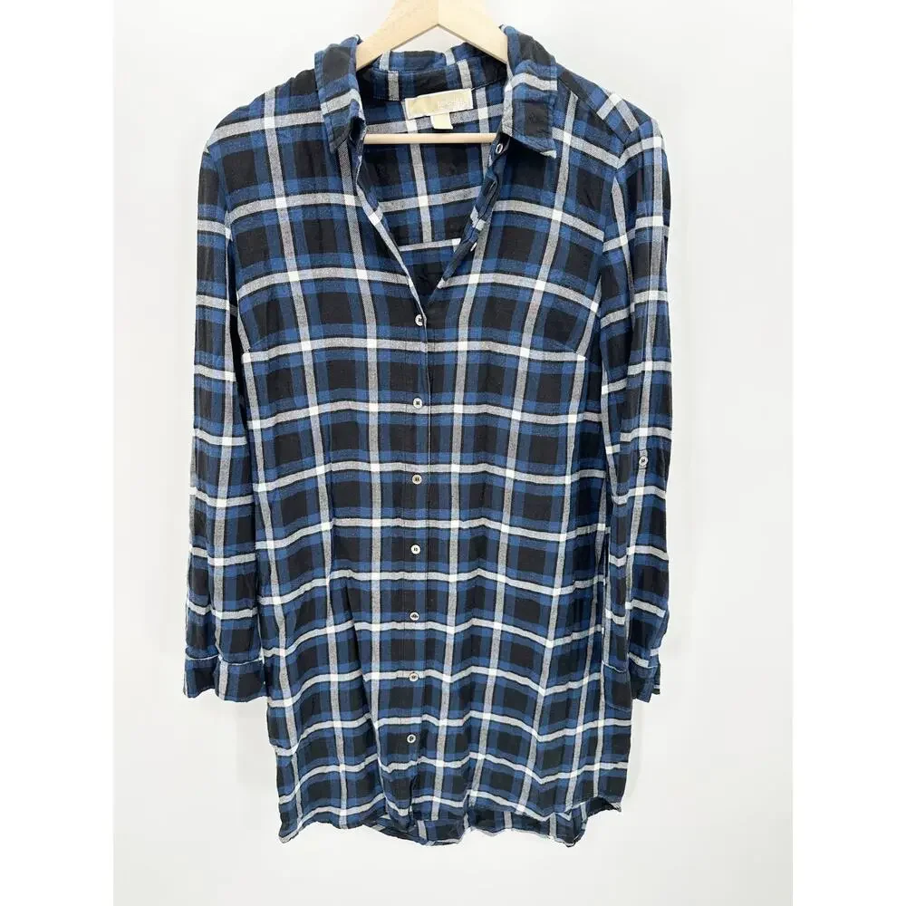 Michael Kors Blue Plaid Button Down Flannel Shirt Dress Women Sz 8 Country‎ Fall